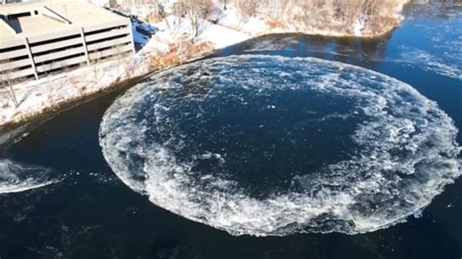 Large spinning ice disk forms on Presumpscot River in southern Maine
