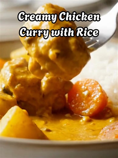 Creamy Chicken Curry with Rice 🍛🐔✨ This Creamy Chicken Curry with Rice is rich, flavorful, and comforting, tender chicken pieces simmered in a silky curry sauce with potatoes and carrots, served over fluffy white rice. It’s a warm, satisfying meal that brings restaurant-quality taste straight to your kitchen! Ingredients: For the Chicken Curry: 1½ lbs boneless, skinless chicken thighs or breasts, cubed 2 tbsp olive oil or butter 1 medium onion, finely chopped 3 cloves garlic, minced 1 tbsp gin