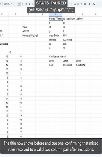 STATS_PAIRED mixed colFilter rules for paired t-test in Sheets