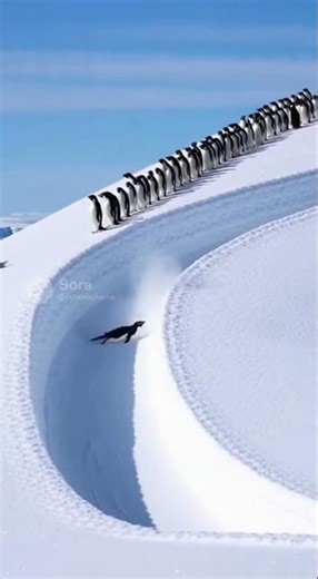 Penguins Racing Down a Deep Snow Slide 🐧❄️-Diving In and Sliding All the Way Down! 🏂