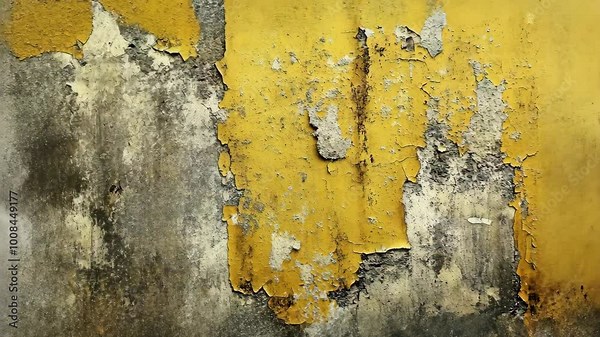 A weathered wall with yellow paint peeling off reveals the underlying gray concrete