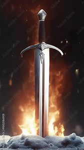 A single, medieval, silver sword standing upright in a bed of snow with fire burning in the background.