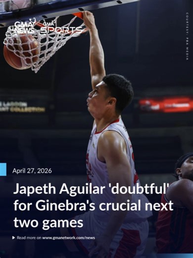 Barangay Ginebra may head into a crucial stretch of the elimination round without Japeth Aguilar, who remains hospitalized after a hard fall during last Friday’s game against Blackwater. Despite a possible discharge in the next 24 to 48 hours, Gin Kings head coach Tim Cone said Aguilar is unlikely to suit up for Ginebra’s crucial next games against two of the PBA's top teams in Meralco on Friday and Rain or Shine on Sunday. Follow #GMASports for more #PBA updates. #SportsOnTiktok