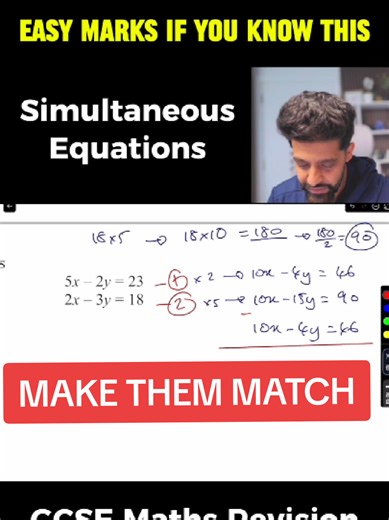 This is the key step in simultaneous equations… Before solving, you need to make the coefficients match. Once they line up, the method becomes much clearer. Skip this step, and it gets messy fast. #gcsemaths #mathsrevision #simultaneousequations #mathshelp #studytips