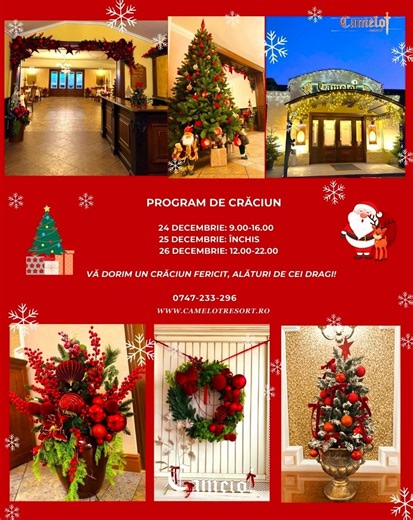 🎄 Program de Crăciun Mai jos găsiți orarul nostru special de sărbători. Vă mulțumim pentru înțelegere și vă dorim un Crăciun fericit, petrecut alături de cei dragi! | Camelot Resort