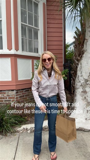 Holley on Instagram: "Comment WANT for links. 🤎 👖 Chocolate brown is the color of the season and pairing it with this sculpting denim is the definition of elevated basics. 🤎 Mocha brown $42 non iron striped button down 👖 Sculpting jeans that shape through the waist seat and thigh without losing structure 🤎 Tigers eye necklace for grounded glow 👢 Chocolate flip flops now tall boots soon Fall outfit ootd elevated basics everyday style that solves the