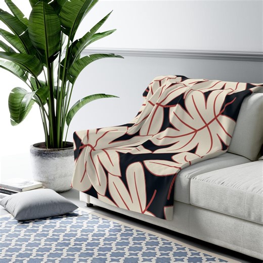 Fall Sherpa Blanket | Leaf Pattern Deep Blue Throw - Etsy