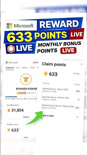 Microsoft Rewards 633 Points LIVE 🔥 Monthly Bonus Claim With Proof 🛑 #microsoftrewards #bingrewards