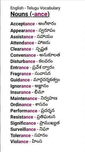 English to Telugu Vocabulary 📚 Nouns Ending with “-ance” | Learn Easy Words Daily