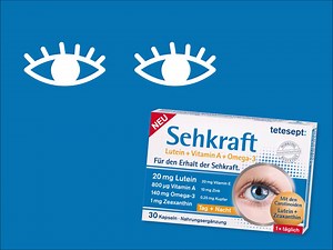 Ob Arbeiten am Computer, langes Fernsehen oder schlechte Beleuchtung - all das kann unsere Augen beanspruchen. Das neue tetesept Sehkraft unterstützt dank Vitamin A, Zink den Erhalt der normalen Sehkraft. | tetesept