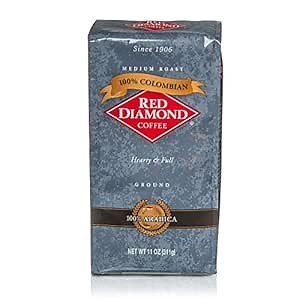 Red Diamond Ground Coffee | 100% Colombian | Medium Roast | Arabica Beans | Hearty & Full Flavor | 11 Ounce Resealable Bag
