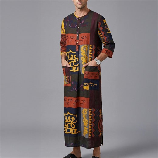 Men's Long Sleeve Muslim Robe With Ethnic Graphic Print and Side Pockets - Etsy