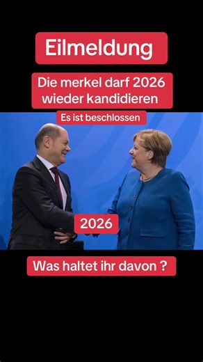 Angela[1] Dorothea Merkel (* 17. Juli 1954 in Hamburg als Angela Dorothea Kasner) ist eine ehemalige deutsche Politikerin (CDU). Sie war von November 2005 bis Dezember 2021 Bundeskanzlerin der Bundesrepublik Deutschland und die achte in dieses Amt gewählte Person. Sie war die erste Frau, die erste nach der Gründung der Bundesrepublik geborene und die einzige in der DDR sozialisierte Person in diesem Amt.#angelermerkel #eilmeldung #bundespräsidentin #dasvolk #satire