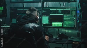 Hacker with headset changing his voice using software and introducing himself as a bank employee, stealing private data and money from credit card from victim by making call from base with computers