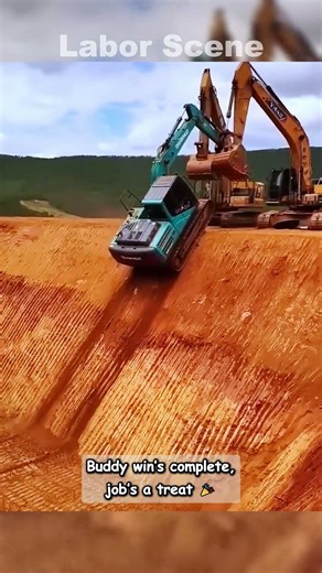 Big excavator saves little buddy on steep slope 🚜
