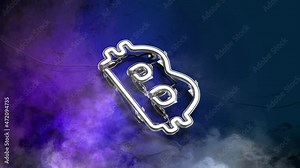 Neon blue bitcoin sign on stone wall, looped switch, 3d rendering. Illuminated cryptocurrency shape emblem, side view. Glowing coin cash or commerce logotype with smoke template.