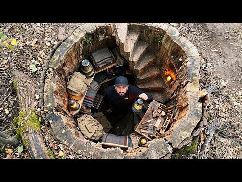 Building a Warm & Cozy Shelter Inside a Hollow 100-Year-Old Oak Stump | Bushcraft & Survival