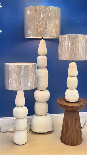 Soft, sculptural, and effortlessly serene 🤍 These pebble effect floor and table lamps bring organic texture to your space, topped with a natural shade for a warm, earthy glow. Nature inspired design, perfectly paired ✨ #fyp #homeinspo #homedecor #interiordesign #lighting