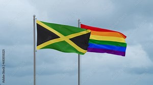 LGBT movement flag also Gay Pride and Jamaica flag waving cycle looped video, tolerance conception in country