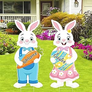 Easter Yard Decorations Outdoor 2Pcs Easter Bunny Decor with Stakes, Happy Easter Outdoor Decorations Easter Eggs Yard Signs with H Stands for Easter Party Activities Spring Patio Lawn Supplies Garden Porch Yard 32 x 12.6 Inches