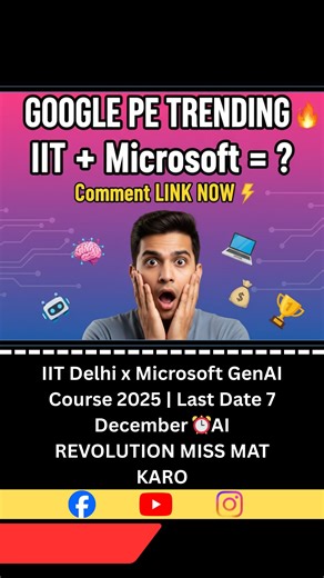 Animesh Mogha on Instagram: "IIT Delhi x Microsoft GenAI Course 2025 ⏰ Kya aap AI aur Machine Learning mein career banana chahte ho? 🤖 Google pe trending hai yeh opportunity! IIT Delhi ne Microsoft ke saath collaborate karke launch kiya hai India’s Most Advanced GenAI & ML Certification Program 🎓 ✨ Kya Milega: ✅ Generative AI & Machine Learning Complete Course ✅ AI Automation Skills with Hands-on Training ✅ 12+ Real Industry Projects ✅ 20+ Premium AI Tools Access ✅ 165+ Practical