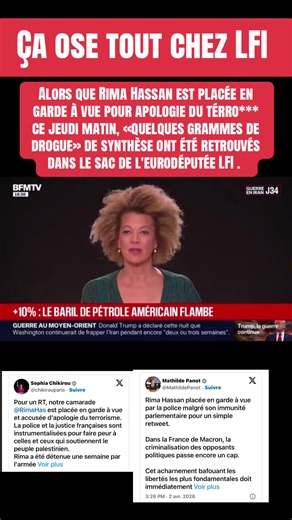 Alors que Rima Hassan est placée en garde à vue pour apologie du térro*** ce jeudi matin, «quelques grammes de drogue» de synthèse ont été retrouvés dans le sac de l'eurodéputée LFI, a-t-on appris de source proche du dossier.#lfi #melenchon #info #journal #eu