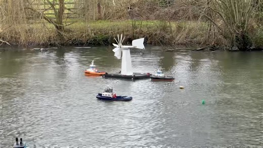 Tango XL and Black Dog moving the wind turbine on Marge the barge, with assistance from Svitzer MC. | Jersey Model Tug Association