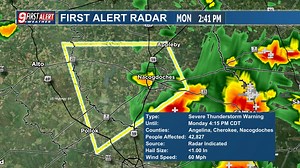 A Severe Thunderstorm Warning is in effect for areas west of Nacogdoches, including Lake Nacogdoches, Douglass, Alazan, and Pollok. In addition to the torrential downpours, we could see some string wind gusts of 50 to 60 mph as it moves westward at 10 to 20 mph toward the Angelina River. First Alert Radar: 💻ktre.com/weather 📱KTRE First Alert weather mobile application | Brad Hlozek KTRE