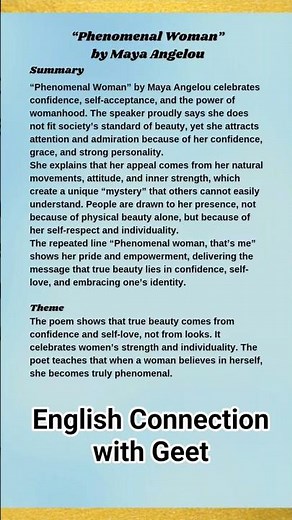 Phenomenal Woman Summary & Theme | Maya Angelou | 2nd Year 4th Semester English #shortsfeed