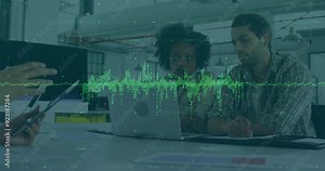 Data visualization animation over diverse colleagues collaborating in modern office