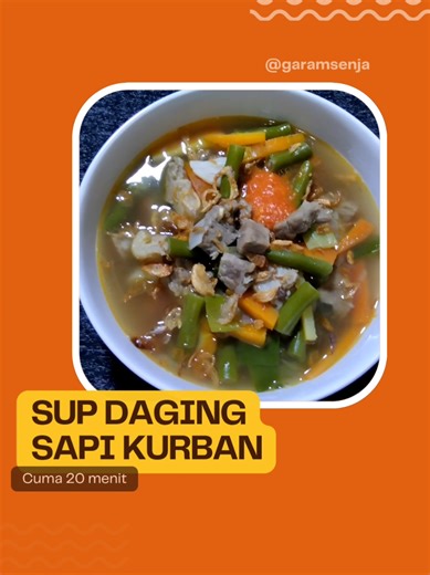 Daging Sapi Kurban Segar, Lezat & Empuk 📢 “Daging kurban masih banyak di kulkas? Bikin sup ini aja! Lembut, gurih, dan bikin nagih! 😍” 🧺 Bahan-bahan: 500 gr daging sapi kurban rebus 2 buah wortel, potong bulat 1 genggam buncis iris panjang 1 batang daun bawang, iris 1 buah tomat 1,5 liter air kaldu sapi 5 siung bawang putih 5 siung bawang merah 1 sdm garam 1/2 sdt lada bubuk 1 sdt kaldu bubuk 1/2 sdm gula 🔥 Cara Memasak: ‌Rebus daging sampai empuk dengan air secukupnya hingga keluar busa. Sa
