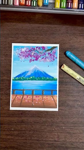 Easy Oil Pastel Scenery Drawing for Beginners | Mountain & Sakura Art Tutorial