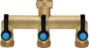 BACASIN Brass Garden Hose Splitter, 3 Way Hose Splitter, Outdoor Hose Splitter, GHT 3/4"". Female Inlet and 3 Way 3/4"". Male Outlet for Regulating and Shutting Off Water Flow, ‎Gold