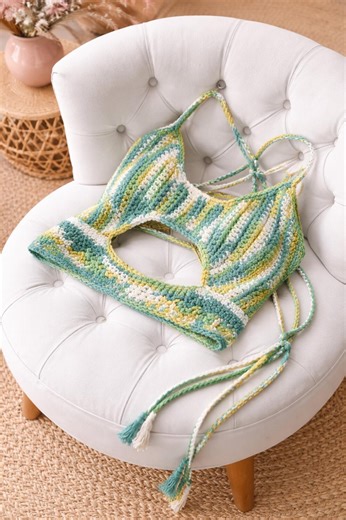 Handmade Crochet Halter Top | Green Yellow White Cotton Bralette, Festival Beach Wear - Etsy