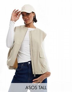 ASOS DESIGN Tall sleeveless collarless utility vest in stone | ASOS