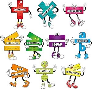 Pasimy 10 Pcs Math Posters Math Symbol Posters Educational Learning Poster Math Signs with 80 Adhesive Glue Points Classroom Supplies for Teachers (Pasimy-Bulletin-45)