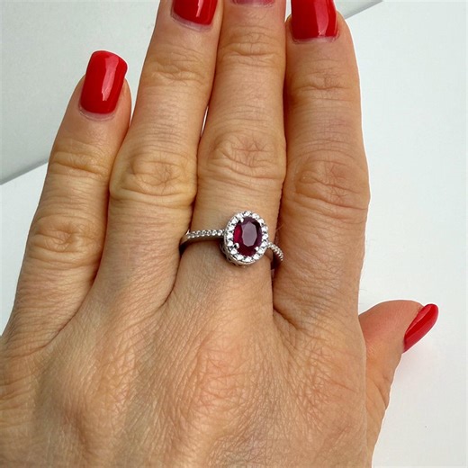 Sterling silver ruby engagement ring, art deco oval halo, 1ct natural ruby, july birthstone