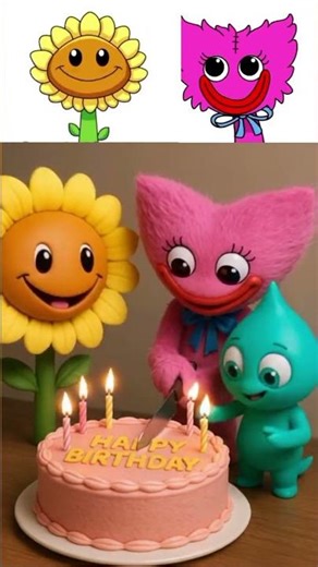 My Sprunki OC:hree cheerful friends happily cutting a pink birthday cake with glowing candles.”