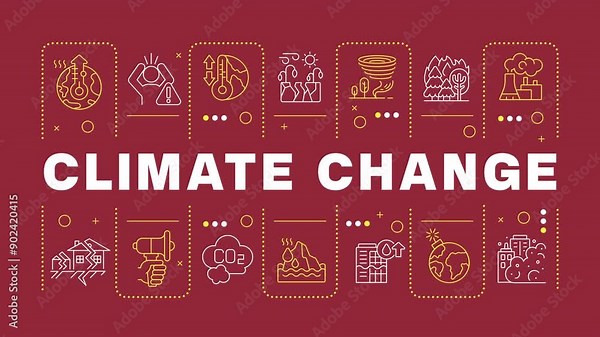 Climate change word banner animation. Global warming, natural disaster. Co2 emission. Dynamic headline with outline icons on brown background. HD video with alpha channel. Motion graphic