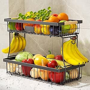 2 Tier Fruit Basket for Kitchen Counter,Wire Tiered Fruit Stand with Hangers&Handle,Corner Vegetable Rack,Two Tier Kitchen Basket For Fruits,Veggies,Snacks,Onions,Black
