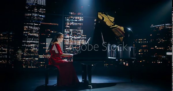 Female Pianist Playing Music, Performing Classical Compositions on Stage. Grand Piano Resounds With Rich, Melodic Tones of a Romantic Ballad, Classically Educated Pianist Entertaining the Audience