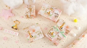 WRAPAHOLIC Baby Girl Wrapping Paper Roll - Mini Roll - 17 Inch x 16.5 Feet - Gold Foil Cute Giraffe Design for Kids Girls Baby Shower, Birthday