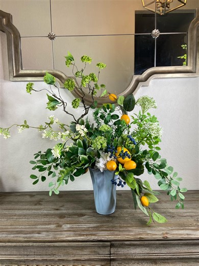 Artificial Lemon Blueberry Hydrangea Floral Arrangement, Blue White Vase Home Decor