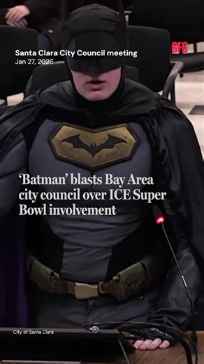 Jenna King on Instagram: "BREAKING: Gotham’s Dark Knight Takes Fight to Santa Clara City Hall 🦇 Move over, city council—Santa Clara’s newest (and most dramatic) public commentator just arrived. In a plot twist nobody saw coming, an unidentified citizen channeled his inner Bruce Wayne to confront officials over the city’s cooperation with ICE. The Scene: 📍 Joint Meeting of City Council & Authorities 📅 Monday, Jan 27th 2026 🎤 Full costume, full conviction The Real Story Behind the Mask: While