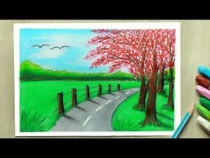 Easy Landscapes to Draw with Oil Pastels || How to draw Easy Natural Scenery || Scenery Drawing