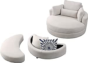 Swivel Accent Chair Barrel Chairs – Modern Oversize Round Club Chair with Storage Ottoman 360° Swivel Leisure Lounge Chair for Living Room (Beige)