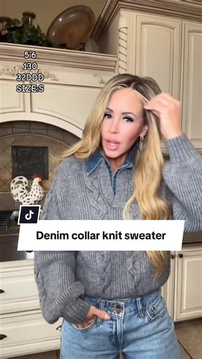 Denim-collar knit sweater with a cozy cable texture for an elevated casual look that layers effortlessly from day to night. #DenimCollarSweater #CableKnitStyle #FallLayering #ChicCasual #EverydayFashion