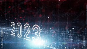 Conceptual digital data cyberspace technology in the year 2023. Blue and red glowing network lines animation background.