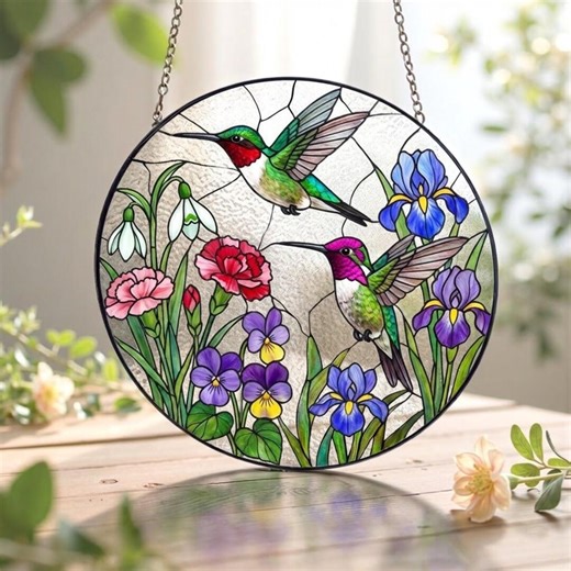 Hummingbird Stained Glass Suncatcher, Colorful Birds and Flowers Window Hanging, Botanical Nature Glass Art Decor - Etsy