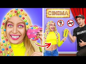 HIDE CANDIES with HAIR GADGET! *Funny Tips and Hacks to Sneak Food into Movies by 123 GO! CHALLENGE